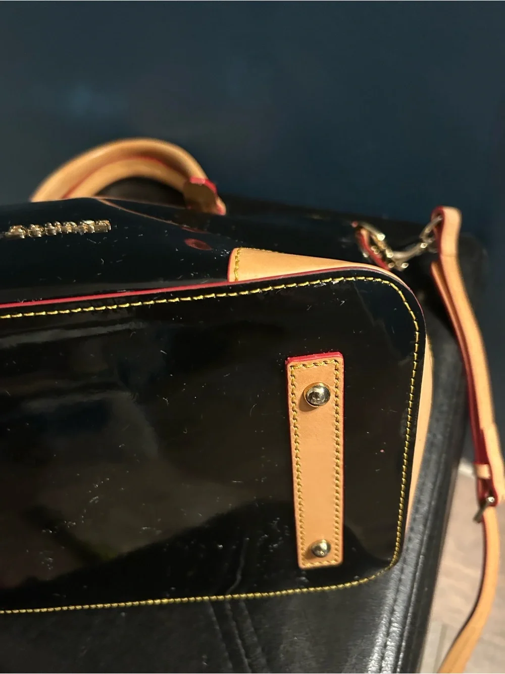 Dooney Bourke Black Patent and Tan Leather Satchel Shoulder Bag